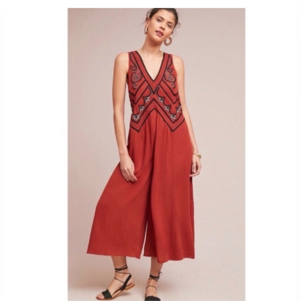 Maeve Anthropologie Boho Wide Leg Burnt Orange Jumpsuit with Embroidery Size 2